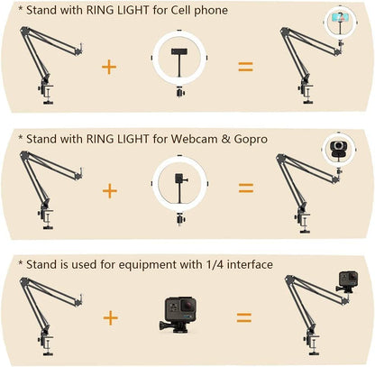 ADZOY Professional Combo of 10 Inch LED Ring Light, Overhead Suspension Arm for Cell Phone, Baking, Craft, Calligraphy, Drawing, Online Lesson, Video Recording(10_Inch)