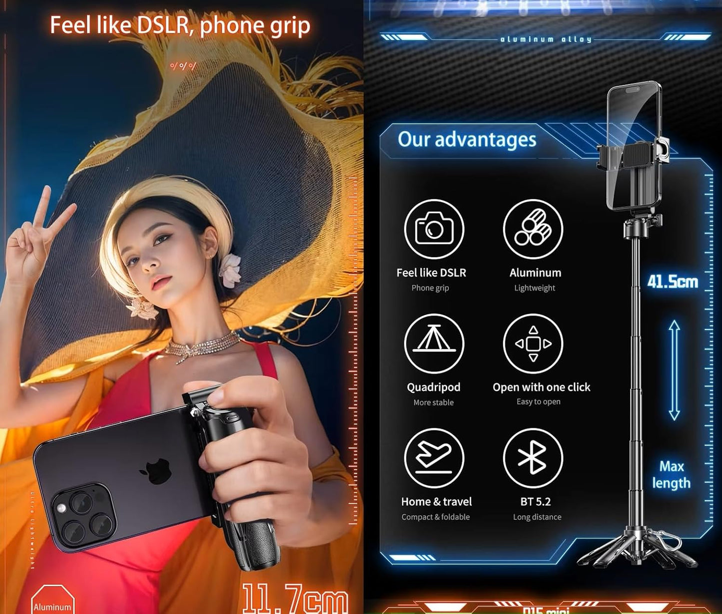 ADZOY Stainless Steel P15 MINI Pocket Monopod Retractable Selfie Stick Tripod with Detachable Remote Pocket Size,3-in-1 Mini Phone Grip 2 Cold Shoe,10M/393.7'' Wireless Shutter