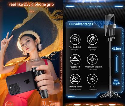 ADZOY Stainless Steel P15 MINI Pocket Monopod Retractable Selfie Stick Tripod with Detachable Remote Pocket Size,3-in-1 Mini Phone Grip 2 Cold Shoe,10M/393.7'' Wireless Shutter