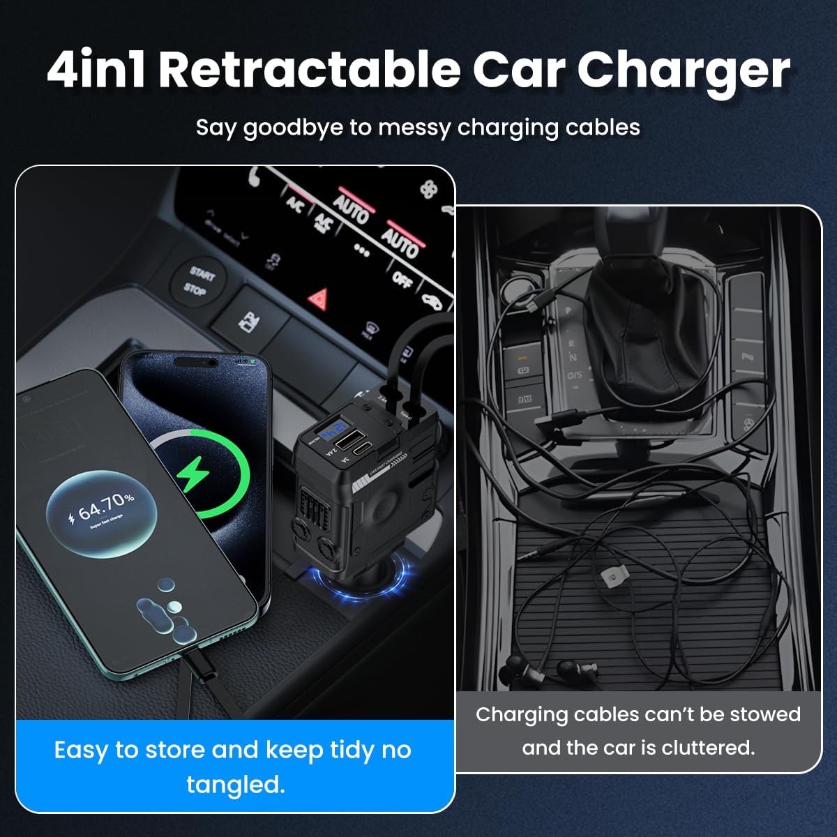 ADZOY Car Charger, 4 in 1 Mech-Style Fast Charging Car Phone Charger 65W, Cell Phone Charger for Car Compatible with iPhone 16/16 Pro Max/15/15 Pro Max/14/13/12/11,Galaxy, Pixel