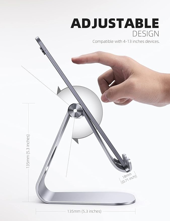 ADZOY Tablet Stand, Adjustable Tablet Holder, Aluminum Minimalist Desktop Tablet Dock Compatible with New iPad 10.9/10.2 iPad Pro 12.9/11, iPad Air 5/Mini 6, Samsung Tablet, etc. Silver