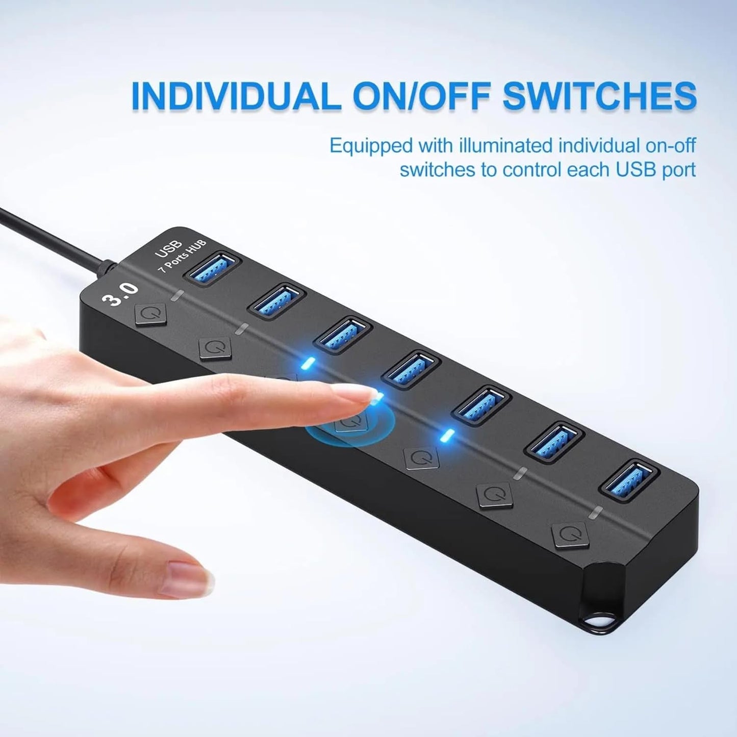ADZOY 7-Port USB 3.0 Hub Individual On/Off Switches with USB to Type C Connector | High-Speed Data Transfer | Fast Sync & Device Control | Charge & Transfer Simultaneously | Universal Compatibility