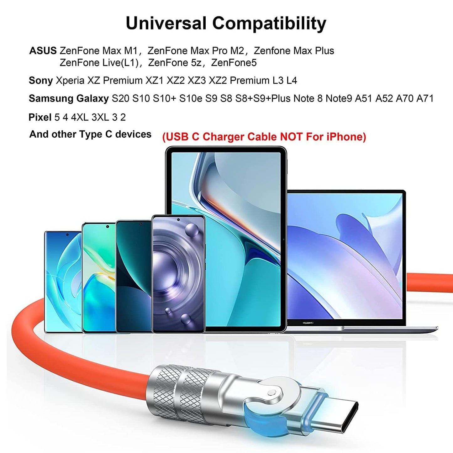 ADZOY Nightlight USB Type C Cable 120W 6A Fast Charging 2 m Rotatable Type-C Data Cable for Android Safe Durable Phone Accessories (Compatible with ALL SMART PHONES, Orange, One Cable)