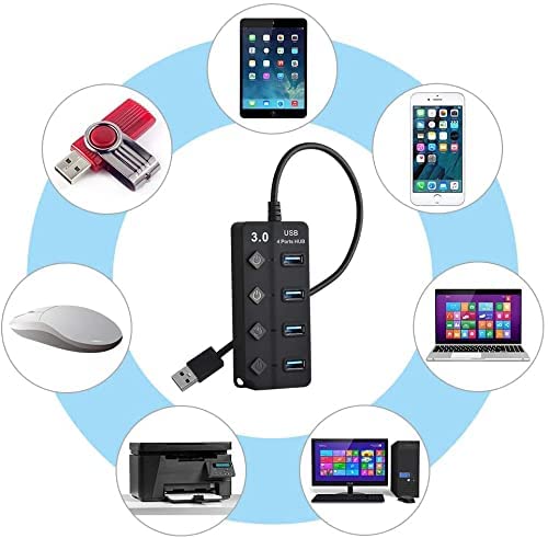 ADZOY Powered USB Hub 3.0, 4-Port USB Data Hub Splitter with One Smart Charging Port and Individual On/Off Switches and 5V/1A Power Adapter USB Extensionfor Laptop, PC, Computer, Mobile HDD