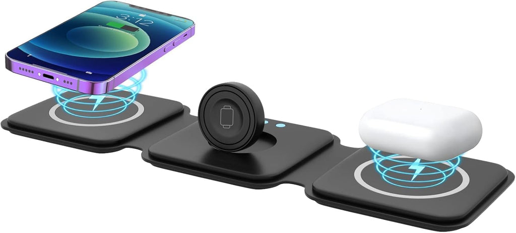 ADZOY 3 in 1 Wireless Flatbed Charging Station (Black), Magnetic Foldable Pad, Compatible with 14/Pro/Max/Plus/13/12, 3/2/Pro S and Z Series