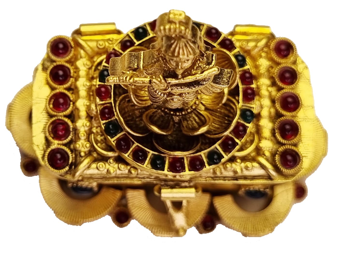 ADZOY Premium Handcrafted Sandook shape Lord Krushna with Fluet on Top for Wedding | Haldi | Sindoor | Kumkum | Chandan | Dabbi Handmade Pure Brass Material Box