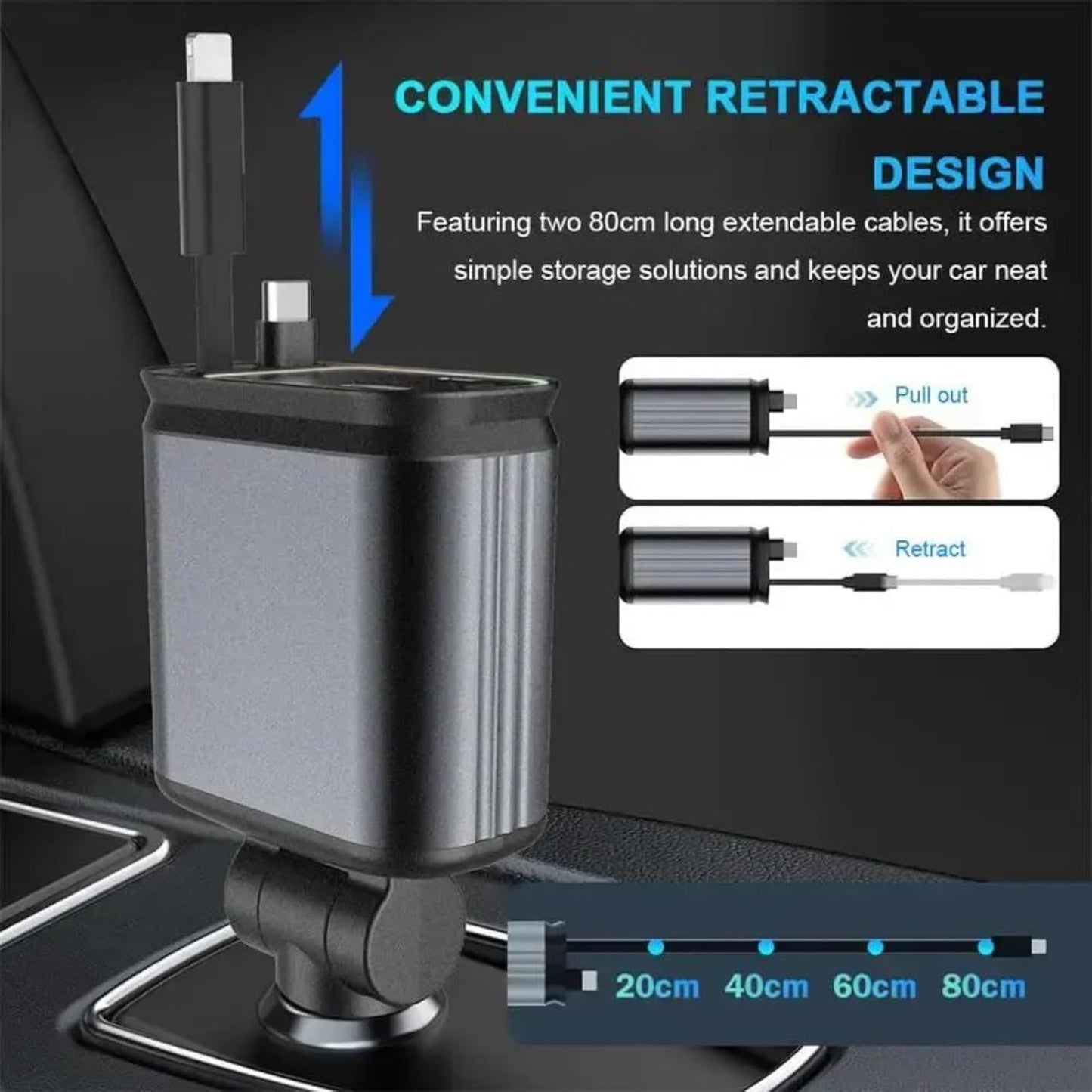 ADZOY [2-Pack] Retractable Type C +iOS Car Mobile Charger with Roof Starry Projection | Car Accessories | 4 in 1 | Fast Charging & Ambient LED Light – Universal for All Phones | Starlight Sky Light