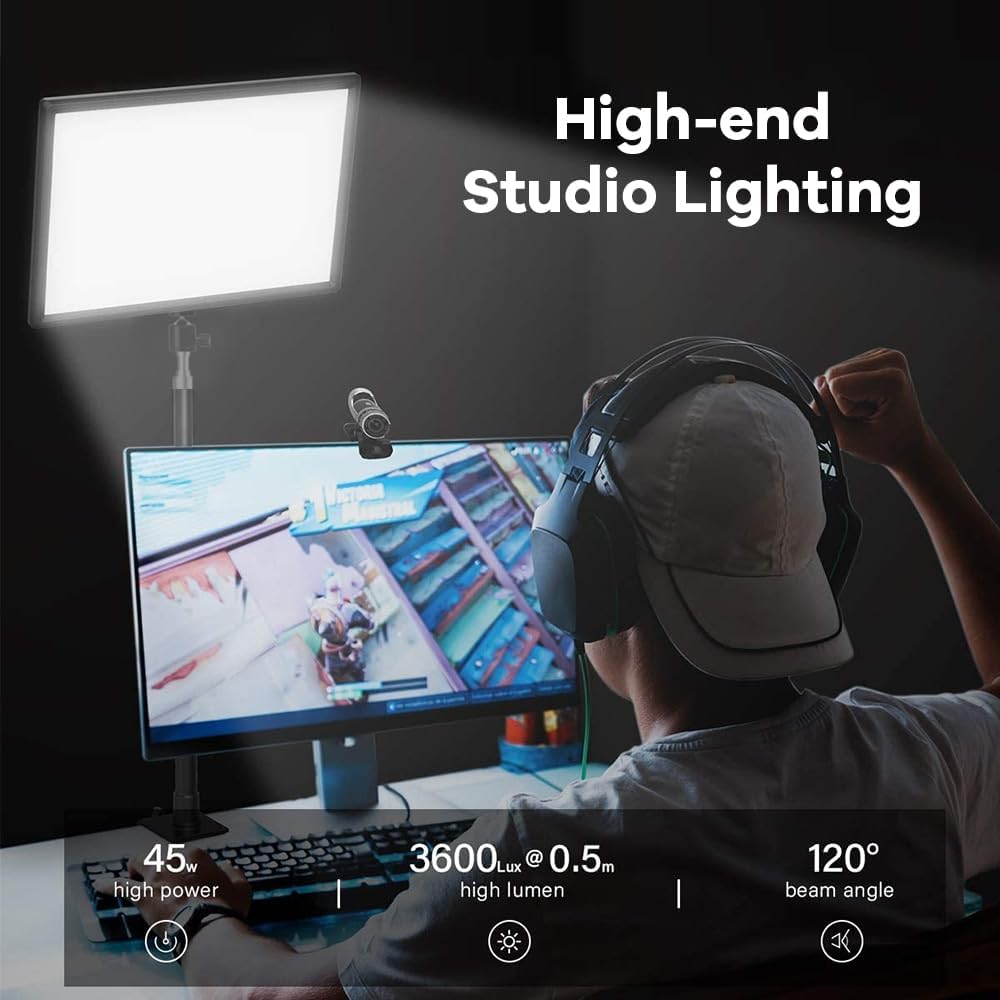 ADZOY 2024 Photography LED Lighting Panel Light Remote Control with Jmary MT49 Light Stand Tabletop C Clamp Desk Mount Table Stand, Super Clamp & Collar Mic and Jmary BT-03 Bluetooth Control Button