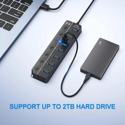 ADZOY 7-Port USB 3.0 Hub Individual On/Off Switches with USB to Type C Connector | High-Speed Data Transfer | Fast Sync & Device Control | Charge & Transfer Simultaneously | Universal Compatibility