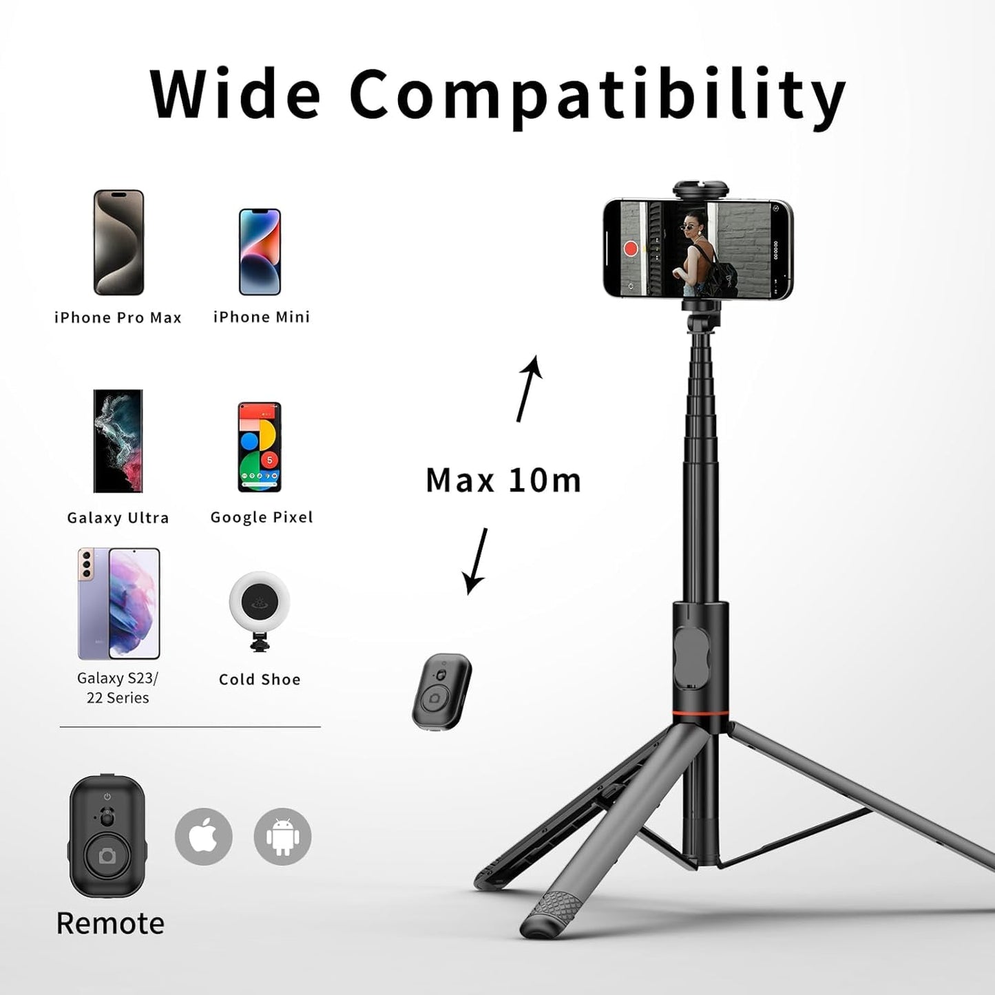 ADZOY Professional ADL-C10 Selfie Stick Phone Tripod with Remote | 72" Extendable Stand for iPhone Android Camera 360° Rotation Overhead Phone Holder Stabilizer for Video Recording Vlog Live Stream