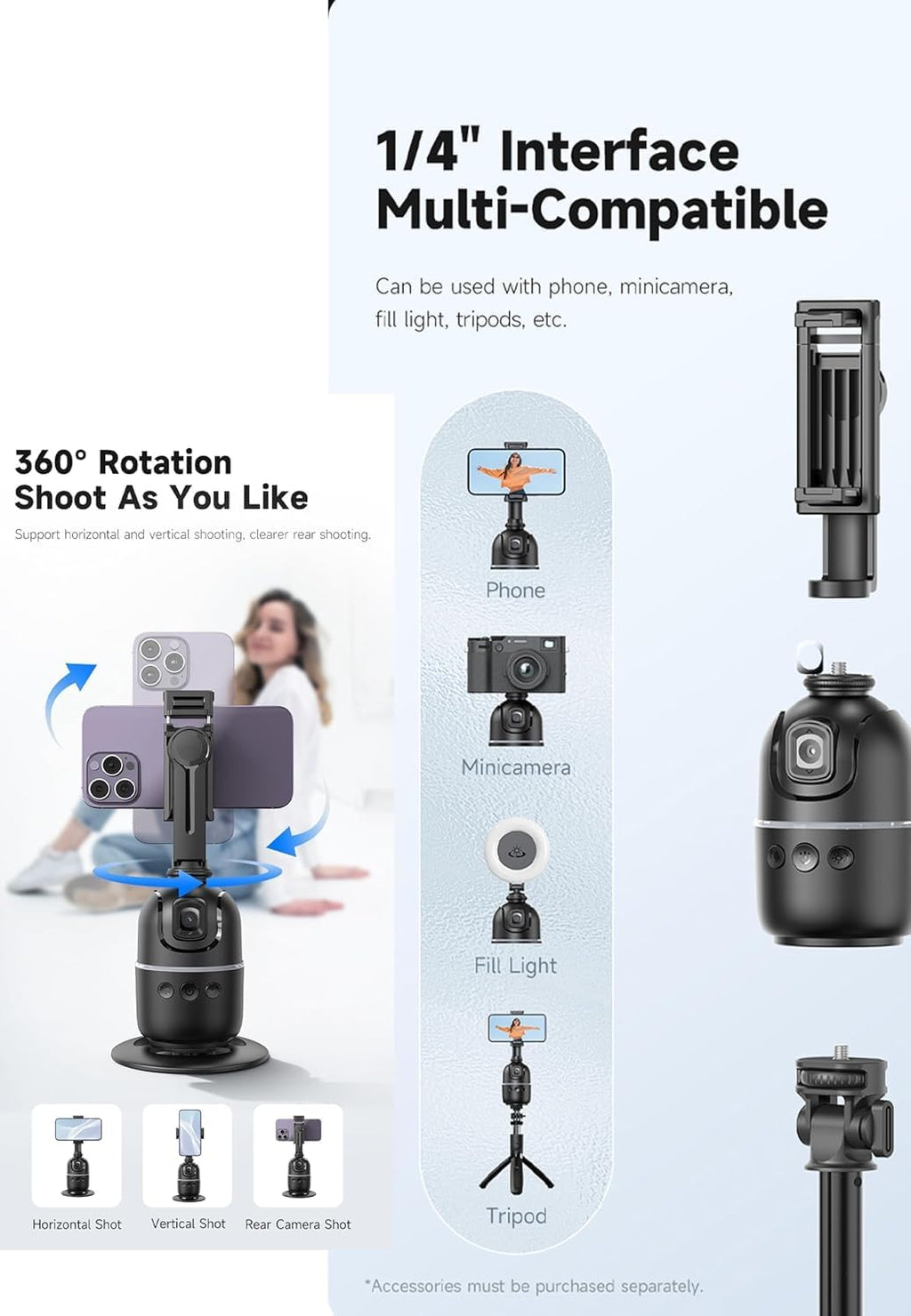 ADZOY Auto Face Tracking Tripod - 360° Rotating Smart Shooting Holder with Gesture Control | Detachable Stand Tripod for Vlogging, Streaming, Reels| Rechargeable (P03-Auto face Phone Camera Holder)