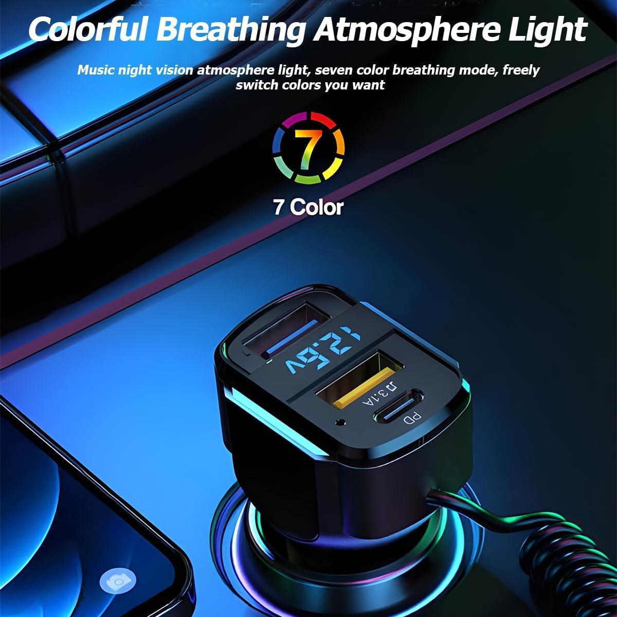 ADZOY USB C Car Charger, 3-Port Fast Car Charger PD3.0 & QC3.0 with LED Digital Display, Cigarette Lighter Fast Charging Adapter Compatible with iPhone Android Most Cell Phones (with Coiled Cable)