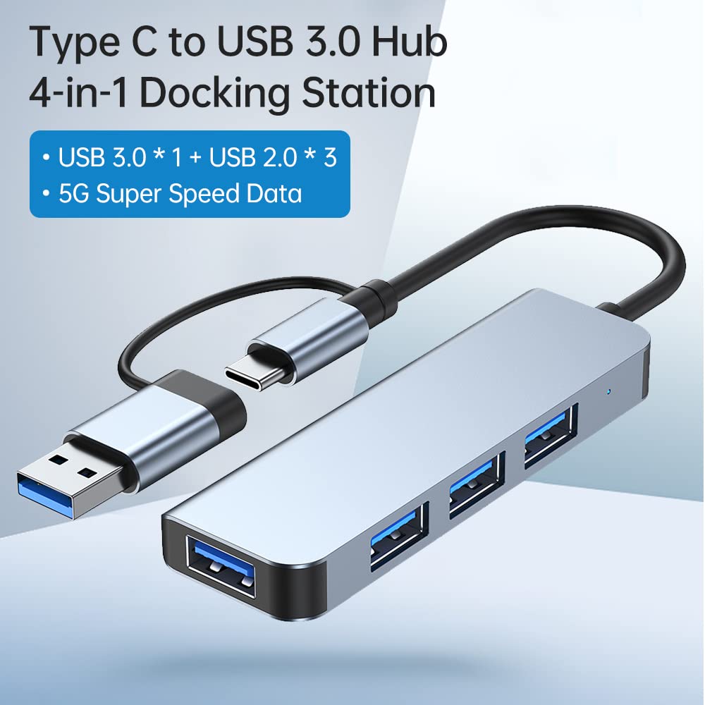 ADZOY Type C to USB Hub 4-in-1 Docking Station USB3.0 5gbps and 3 USB2.0 4 Ports Ultra Slim USB Splitter Plug and Play Compatible with MacBook Pro/Air Surface Pro PS4 XPS PC Flash Drive