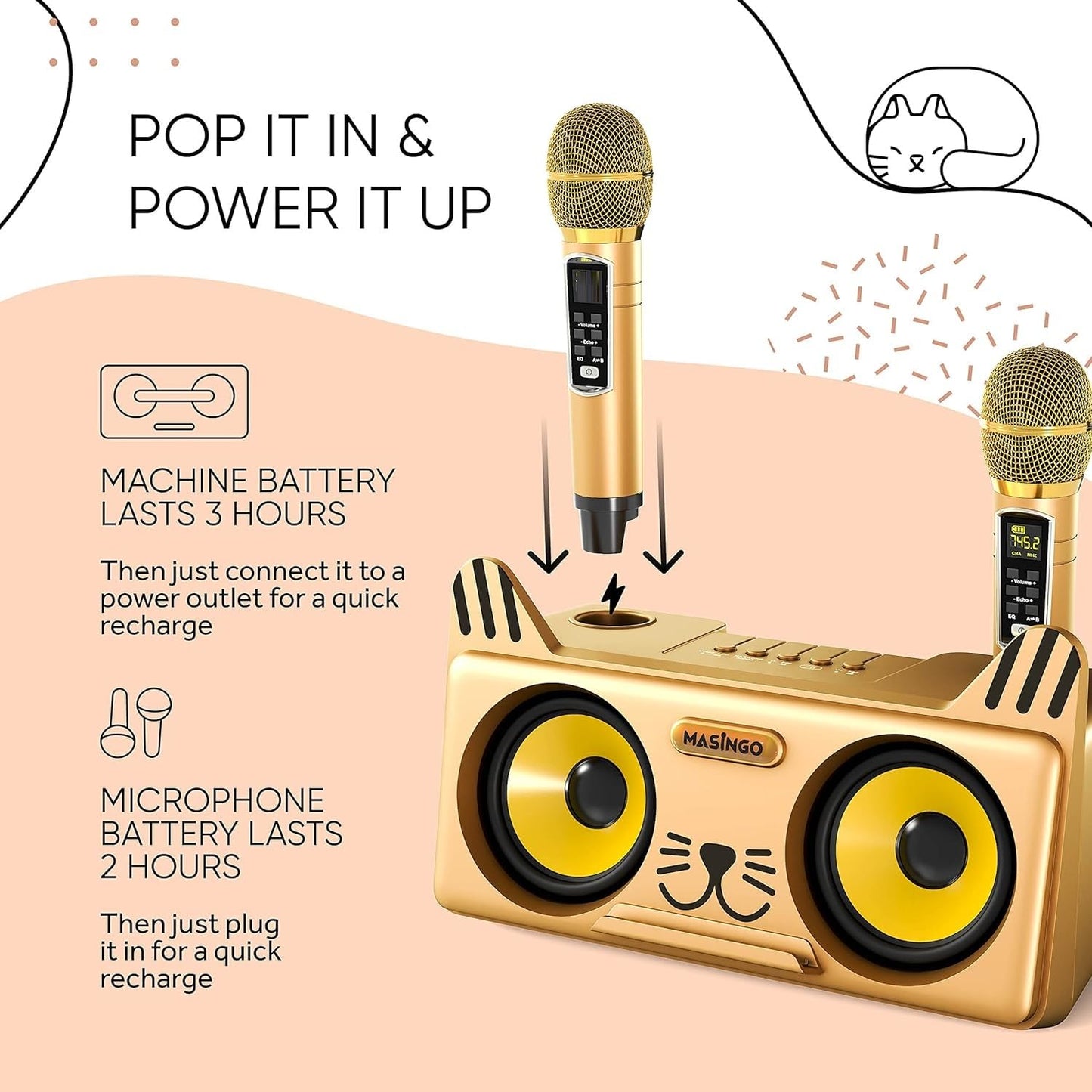 ADZOY Portable Kitty Cat Karaoke Machine 2000mAH for Kids, Children, and Toddlers with 2 Pack 1500mAH Wireless Microphones,Includes Singer Vocal Removal Mode for Boys and Girls [Black Gold]