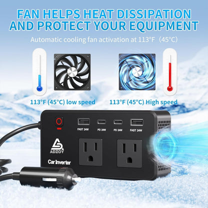 ADZOY 200W Car Power Inverter |DC 12V to 110V| AC Converter| PD 24W USB-C, QC3.0 Fast Charging, Dual USB Ports & AC Outlet – Portable Vehicle Charger |Adapter for Laptop/Phone/Tablet |Camping & Travel