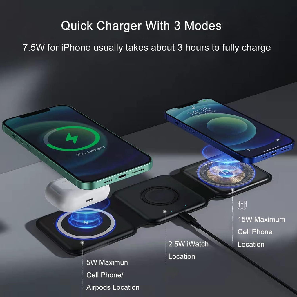 ADZOY 3 in 1 Wireless Flatbed Charging Station (Black), Magnetic Foldable Pad, Compatible with 14/Pro/Max/Plus/13/12, 3/2/Pro S and Z Series