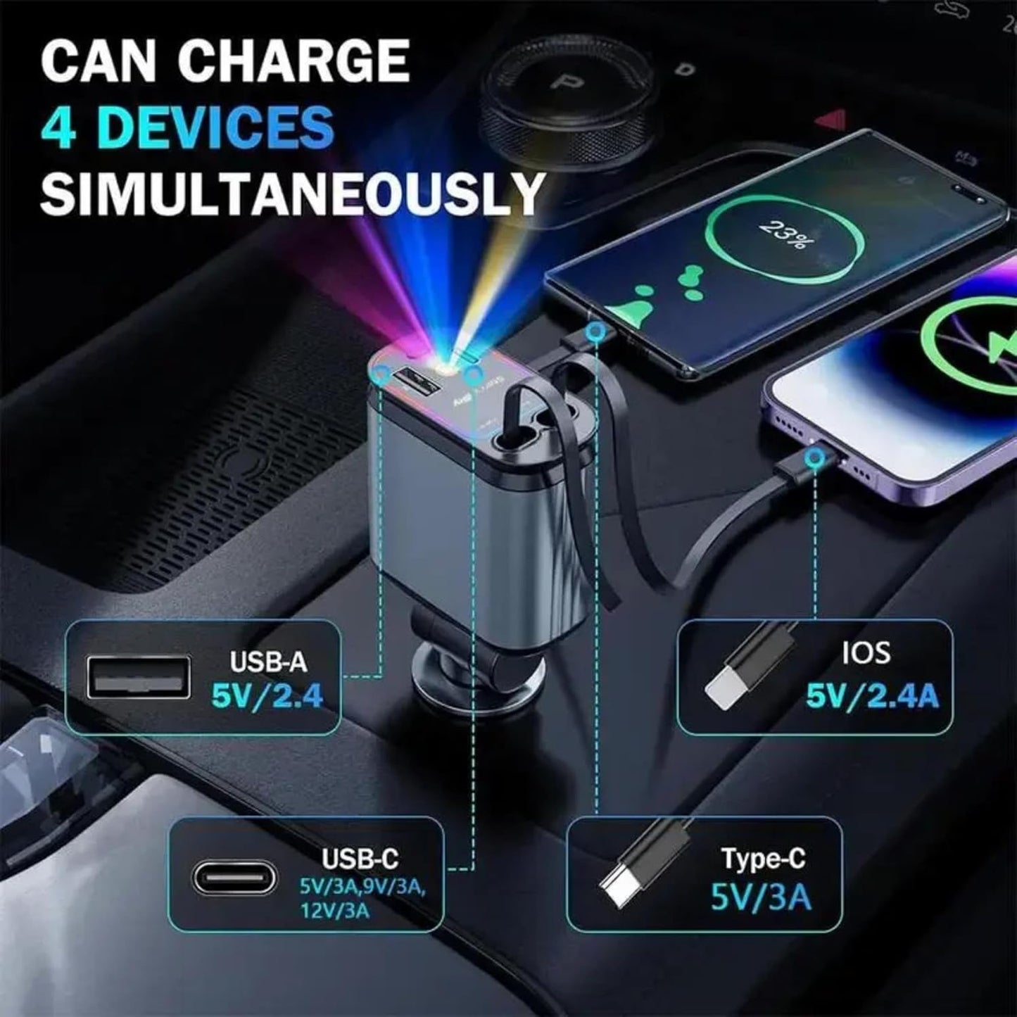 ADZOY [2-Pack] Retractable Type C +iOS Car Mobile Charger with Roof Starry Projection | Car Accessories | 4 in 1 | Fast Charging & Ambient LED Light – Universal for All Phones | Starlight Sky Light