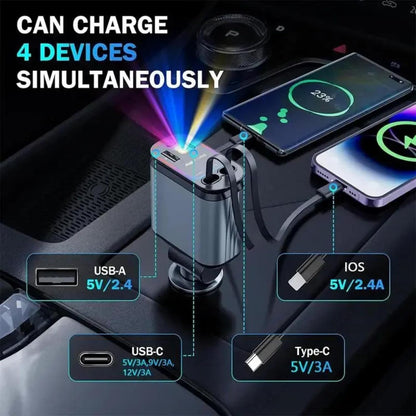 ADZOY [2-Pack] Retractable Type C +iOS Car Mobile Charger with Roof Starry Projection | Car Accessories | 4 in 1 | Fast Charging & Ambient LED Light – Universal for All Phones | Starlight Sky Light