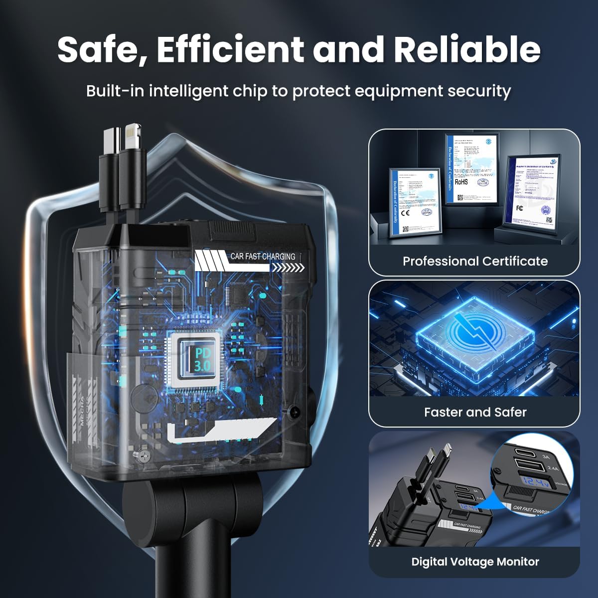 ADZOY Car Charger, 4 in 1 Mech-Style Fast Charging Car Phone Charger 65W, Cell Phone Charger for Car Compatible with iPhone 16/16 Pro Max/15/15 Pro Max/14/13/12/11,Galaxy, Pixel