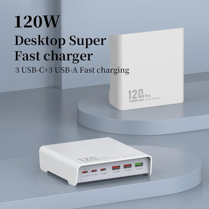 ADZOY 120W PD, 6-Ports USB (3A+3C) Super Fast Charger 3 USB-C + 3 USB-A Ports Adapter Support Phone, Laptop, Tablet Fast Charging, Charge Multi-Ports Desktop Charger