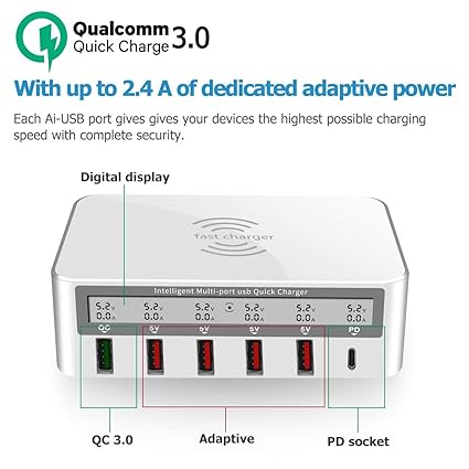 ADZOY Charging Station, 100W 6-Port USB Fast Charger with QC 3.0 & PD, Compatible with Apple & Other Brand Cell Phones