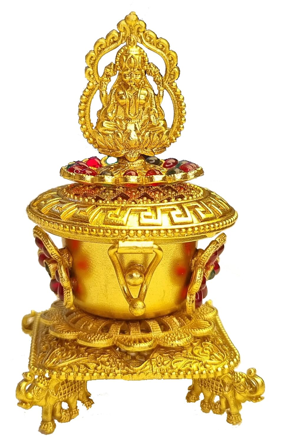 ADZOY Premium Handcrafted Goddess Lakhsmi on Four Elephant Sindoor Dibbi/Dabbi/Dani for Wedding | Haldi | Kumkum | Chandan Pure Brass Material Box