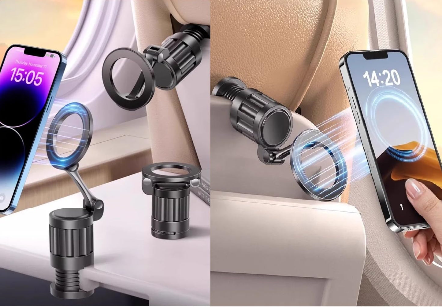 ADZOY Magnetic Airplane Phone Holder, 360°Rotating Foldable Phone Mount, Plane Travel Essential Accessories, Adjustable Universal Handsfree Plane Phone Stand for iPhone 16-12 Pro Max/Magsafe Case (2PC)