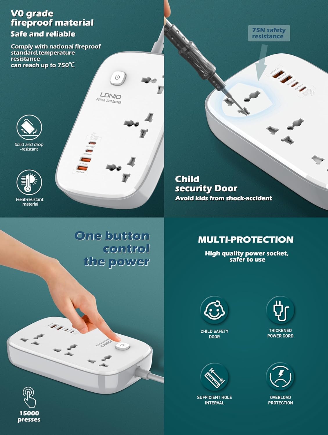 ADZOY Way Extension Lead with 4 USB Slots, 65W GaN Power Strip Type USB C Fast PD Charger Block, 3250W Extension Cable 2m, Socket Plug Adapter with 2 USB C 2 USB A Ports (SC3416)