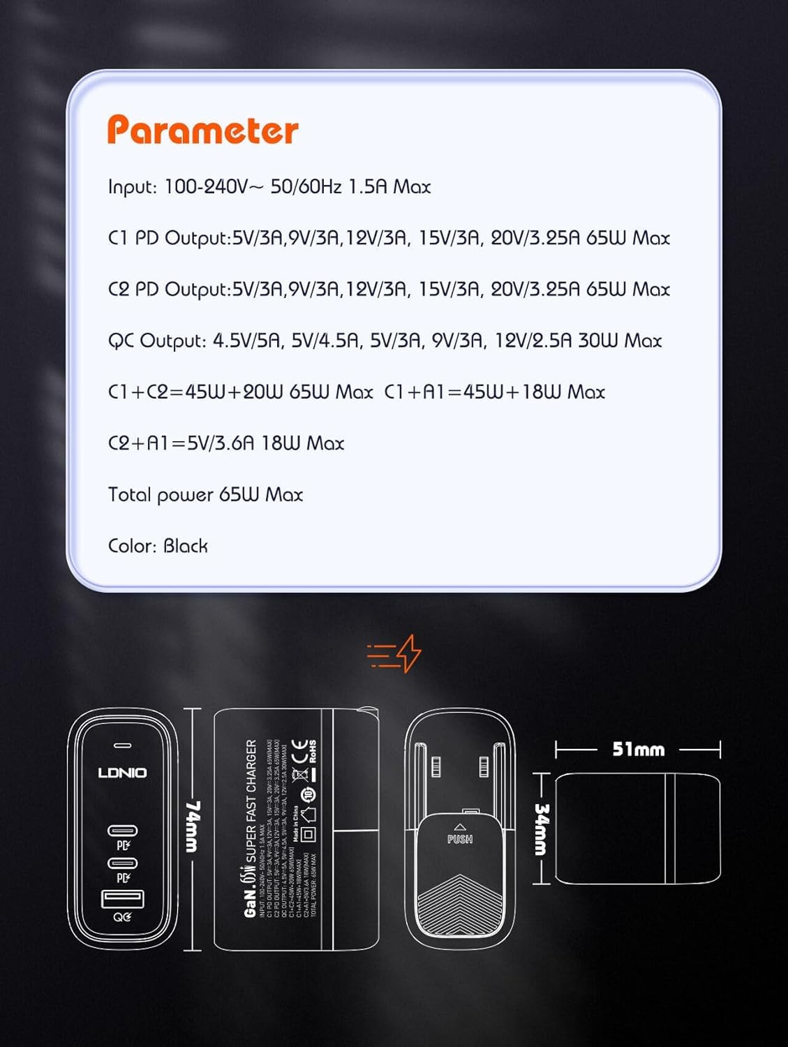 ADZOY LDNIO Q366 GaN 65W PD QC4.0+ Triple Port Fast Charger - USB-C Power Delivery Travel Adapter for iPhone & Android MacBook iPad Pro Air M1 M2, iPhone 13 14 15 16 Pro Max,Galaxy S25