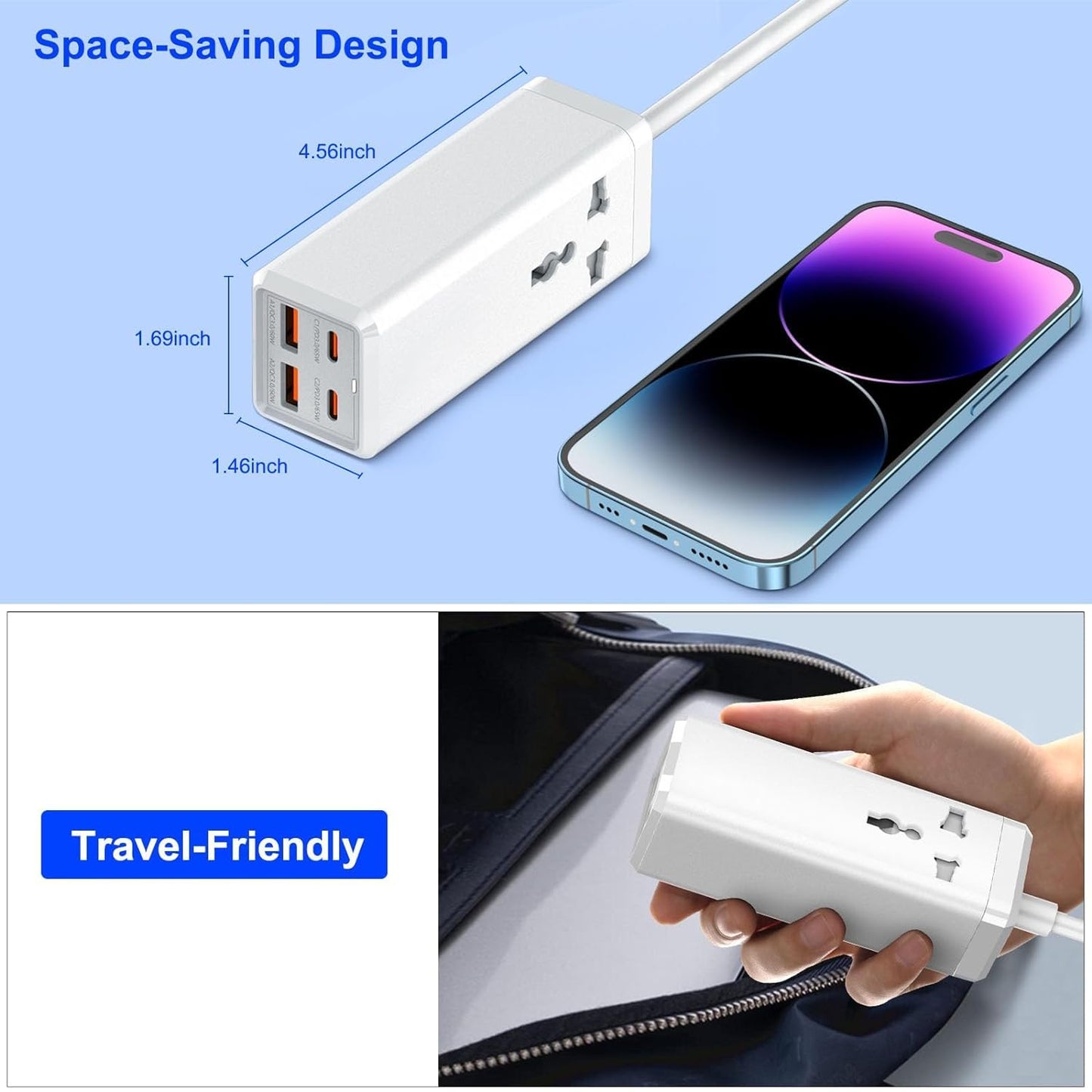 ADZOY 65W PD/Type C Extension Board, Small Power Strip with PD&QC3.0 Port, Universal Single Socket with Surge Protection, Built-in 65W PD Laptop Charging Port for Travel,School,Home,Desk,Dorm,Office