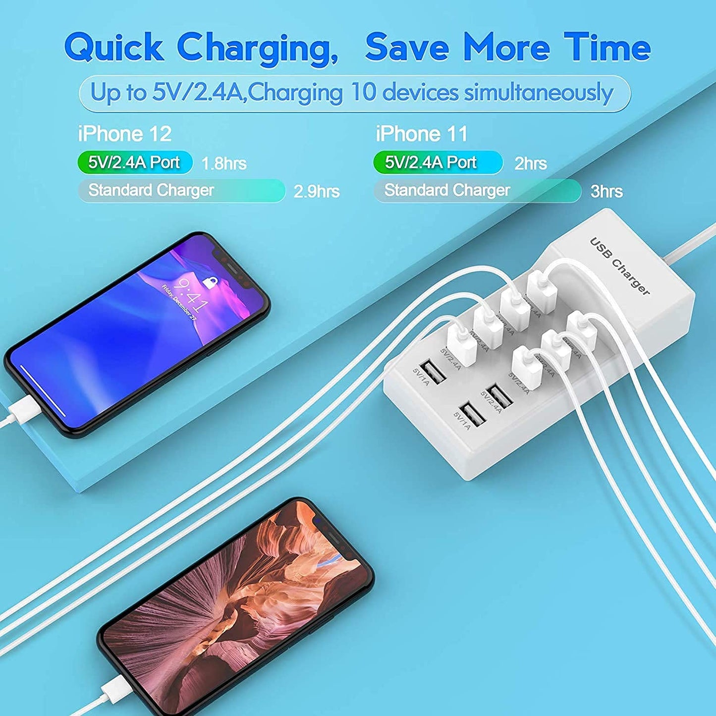 ADZOY 10 Port USB Charger 50w Quick Charging Intelligent Portable Charger for Mobile Phone/Tablet(White)