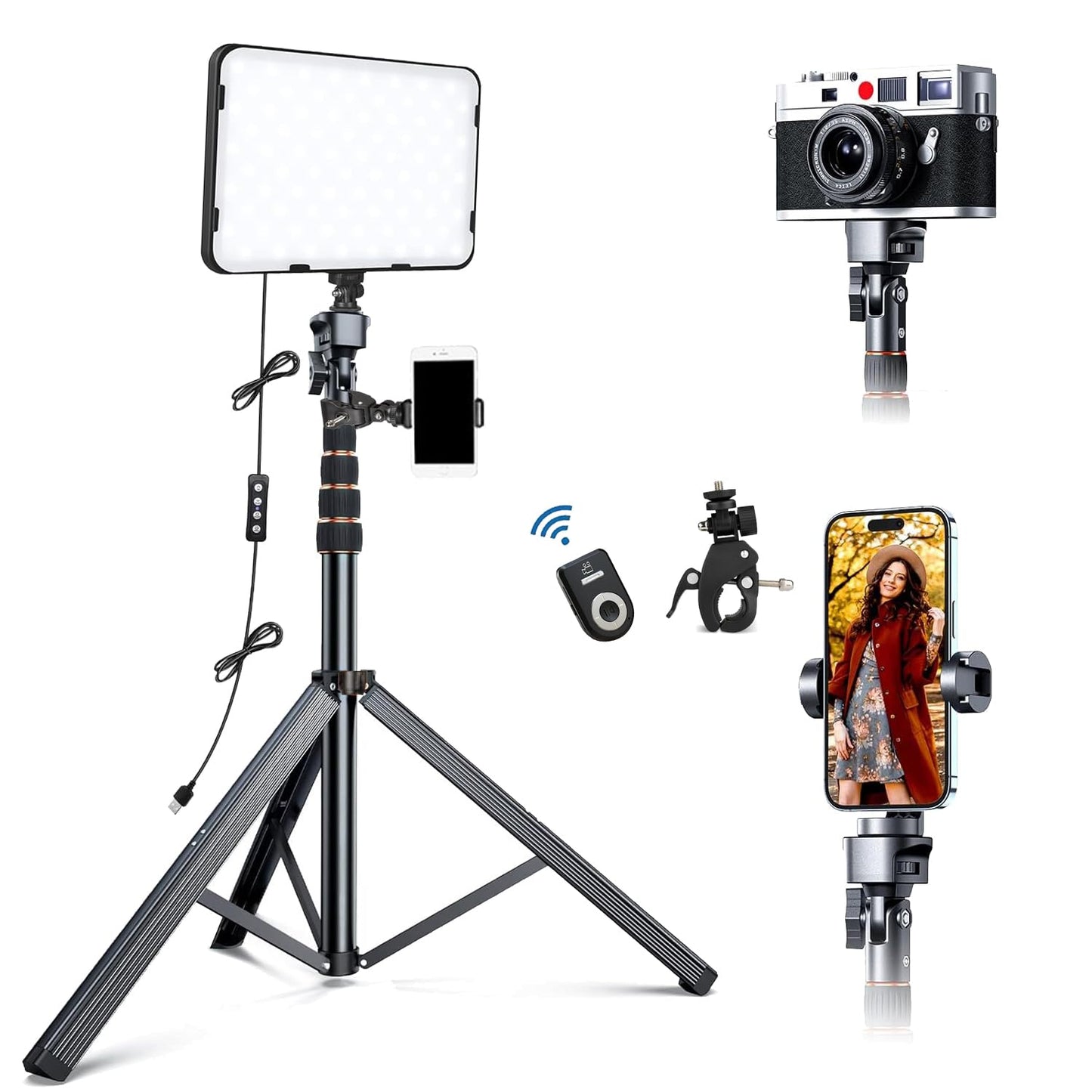 ADZOY 11 inch LED Panel Light with 7 Foot Adjustable Tripod Cum Selfie Stick (2 in 1) NP-688, Super clamp and Bluetooth Remote for Cell Phone, Baking, Calligraphy, Drawing, Online, Video Recording