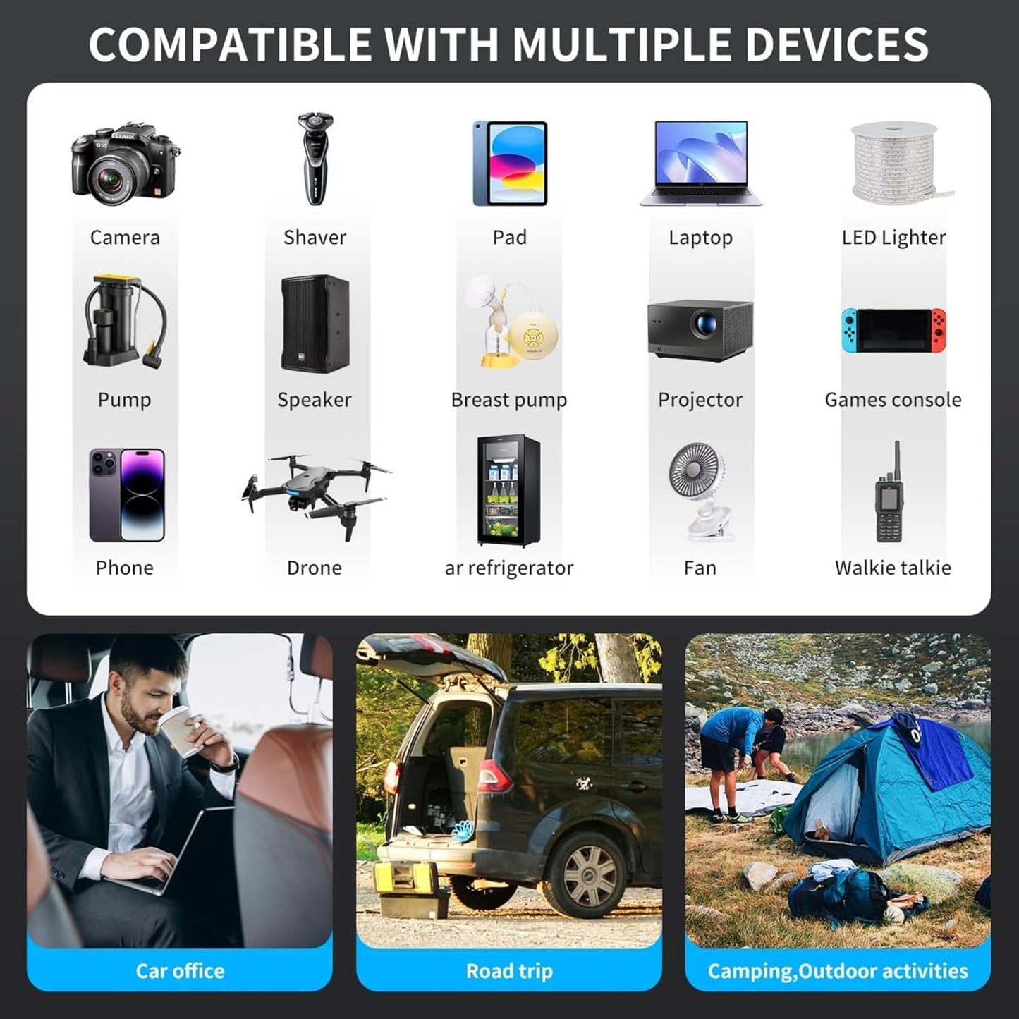 ADZOY 200W Car Power Inverter |DC 12V to 110V| AC Converter| PD 24W USB-C, QC3.0 Fast Charging, Dual USB Ports & AC Outlet – Portable Vehicle Charger |Adapter for Laptop/Phone/Tablet |Camping & Travel