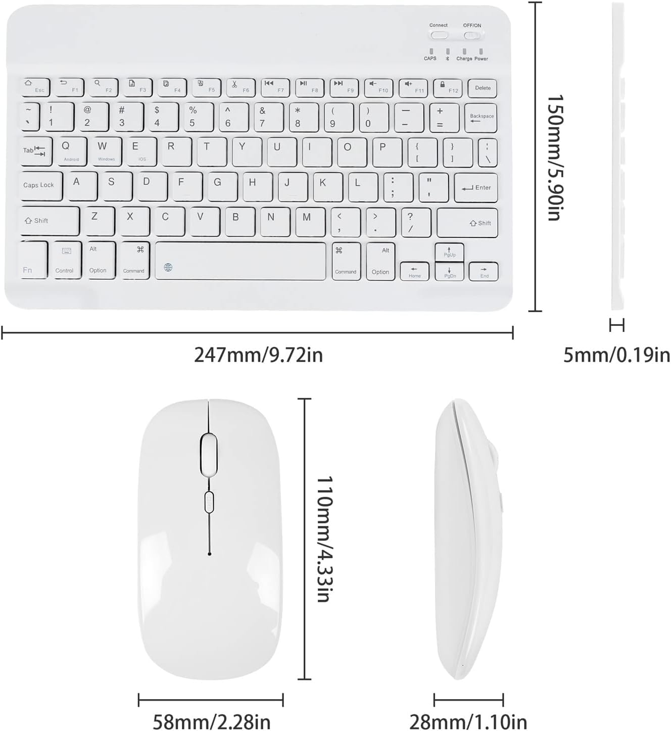 ADZOY 10 Inch Wireless BT Keyboard Mouse Combo, Three Speed Adjustable DPI Ultra Thin and Ultra Quiet Mouse, USB Charging Keyboard with Scissor Foot Structure for PC Laptop Computer (White)