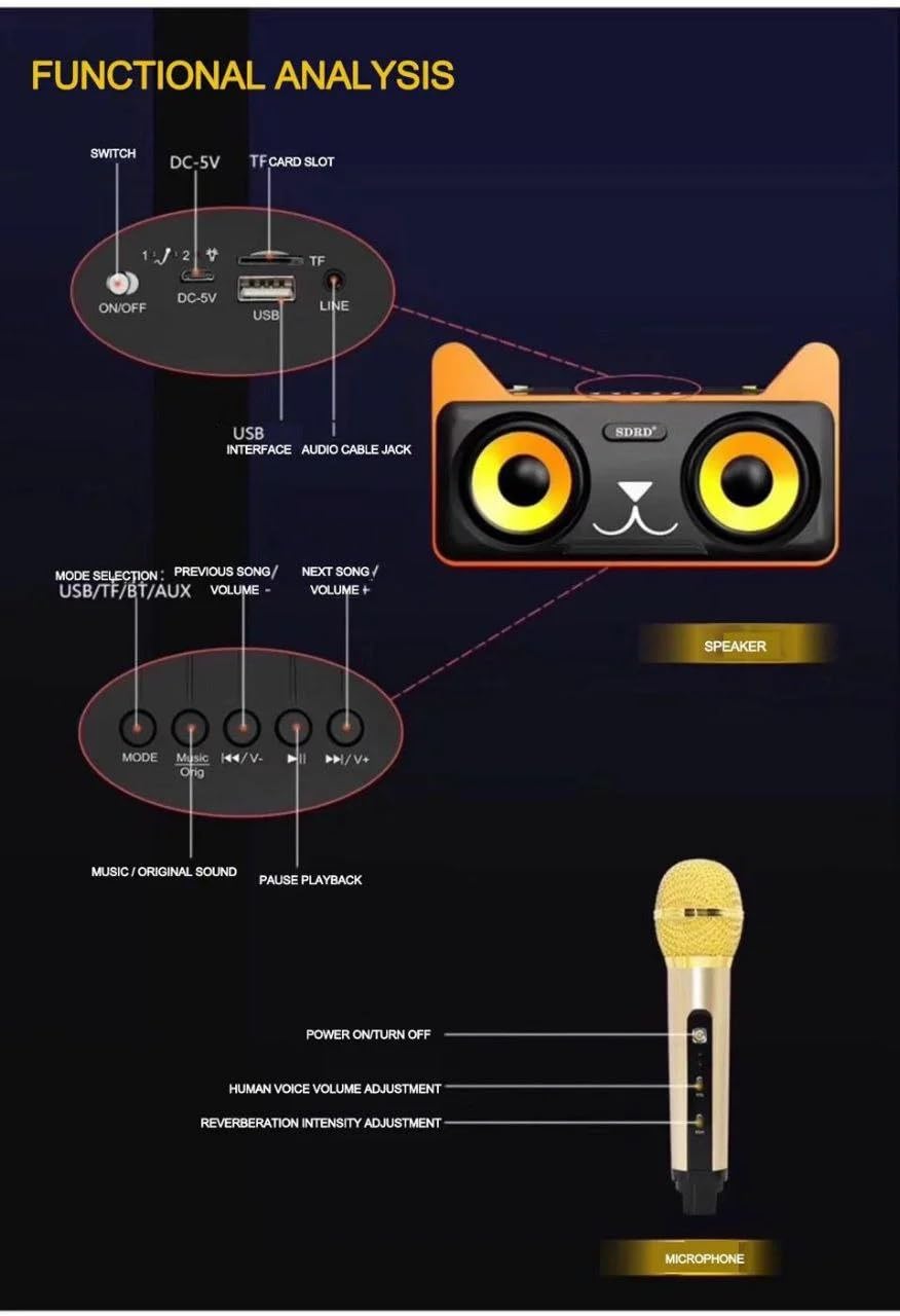 ADZOY Portable Kitty Cat Karaoke Machine 2000mAH for Kids, Children, and Toddlers with 2 Pack 1500mAH Wireless Microphones,Includes Singer Vocal Removal Mode for Boys and Girls [Black Gold]