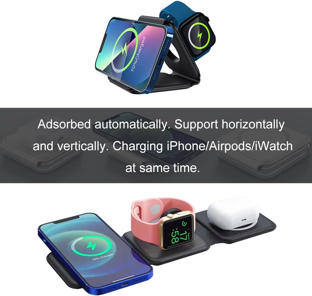 ADZOY 3 in 1 Wireless Flatbed Charging Station (Black), Magnetic Foldable Pad, Compatible with 14/Pro/Max/Plus/13/12, 3/2/Pro S and Z Series