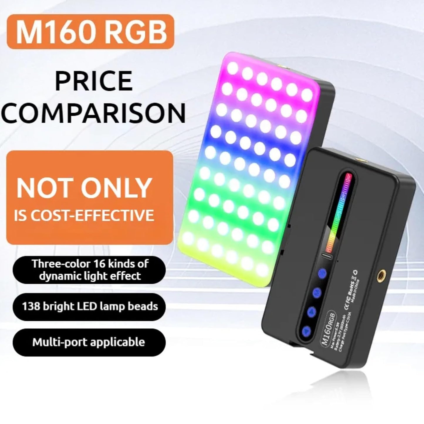 ADZOY ADL-M160 RGB Rechargeable Pocket Fill Video Light – 160 LED Beads, Dimmavble with 2500K–8500K Adjustable Bi-Color, Portable Photography Lighting for Camera, Smartphone & Vlogging