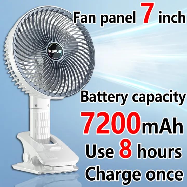 ADZOY Rechargeable Desk Fan Clip Fan 3 gear Fan Electric Fan Mini Fan 3 SPEED USB Fan (WHITE)