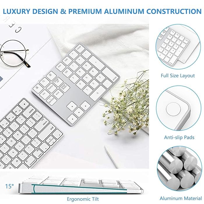 ADZOY Bluetooth and 2.4G Wireless Number Pad, Rechargeable Wireless Numeric Keypad Slim 35-Keys External Numpad Keyboard Data Entry Android/Win/MAC/iOS
