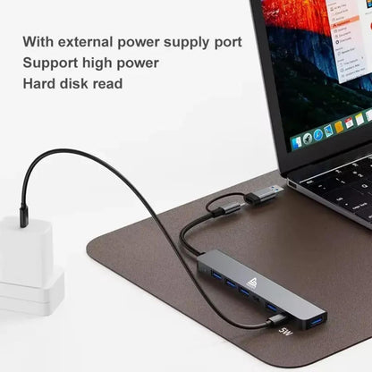 ADZOY 7-Port USB 3.0 Hub with 1 PD Type C 5W with USB to Type C Connector | High-Speed Data Transfer | Fast Sync & Device Control | Charge & Transfer Simultaneously | Universal Compatibility