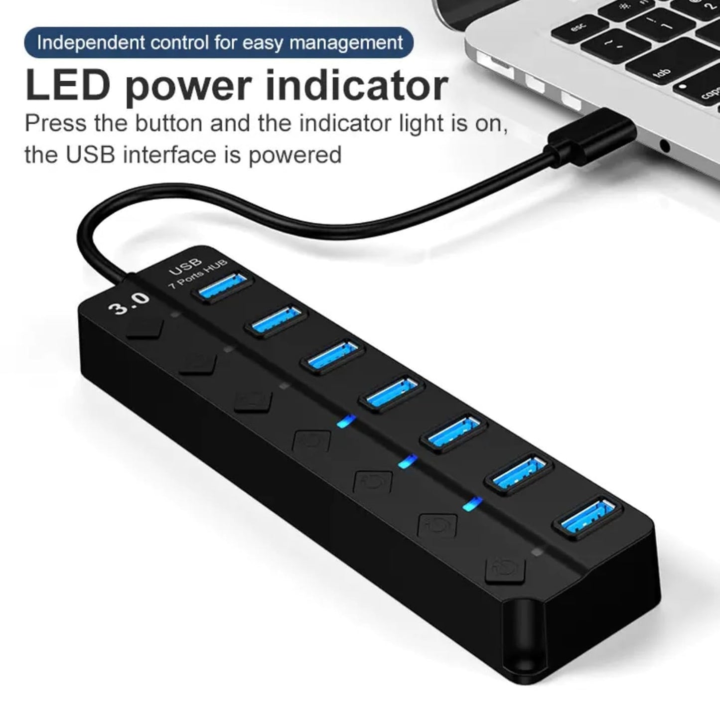 ADZOY 7-Port USB 3.0 Hub Individual On/Off Switches with USB to Type C Connector | High-Speed Data Transfer | Fast Sync & Device Control | Charge & Transfer Simultaneously | Universal Compatibility