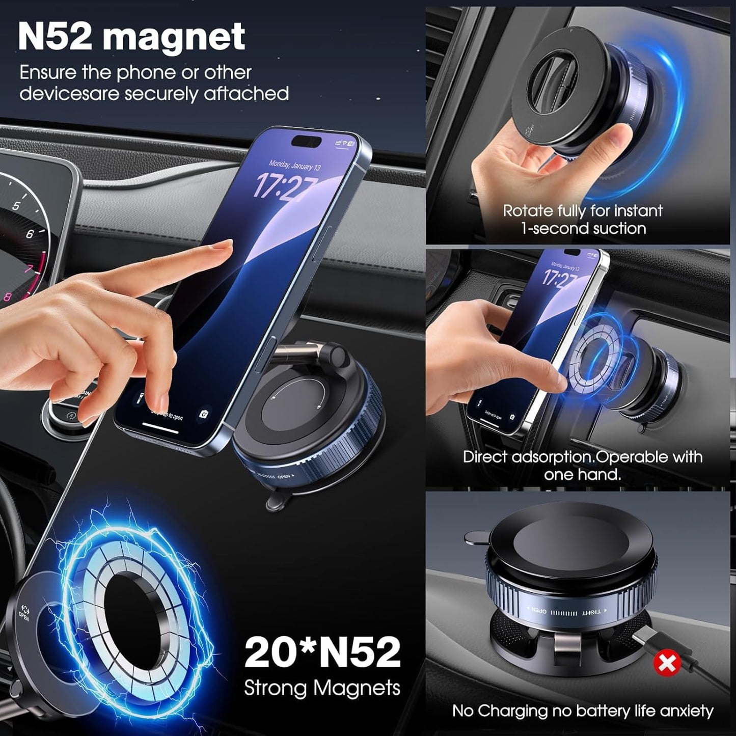 ADZOY Vacumm Suction Cup Extented Arm Phone Mount Magnetic Car Cell Phone Holder| 360 Rotation | Vacuum Lock Holder Multipurpose Use | Heavy Duty | Reusable Wall Holder for Kitchen, Bathroom, Desk