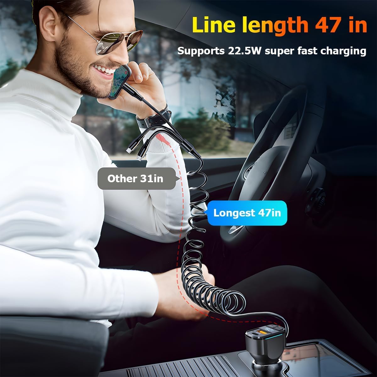 ADZOY USB C Car Charger, 3-Port Fast Car Charger PD3.0 & QC3.0 with LED Digital Display, Cigarette Lighter Fast Charging Adapter Compatible with iPhone Android Most Cell Phones (with Coiled Cable)