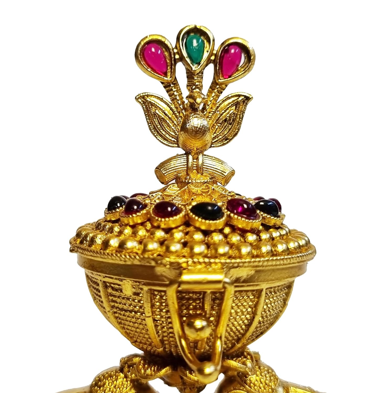 ADZOY Premium Handcrafted Goddess Lakshmi on Lotus with Elephants and Peacock on Top for Wedding | Haldi | Sindoor | Kumkum | Chandan | Dabbi Handmade Pure Brass Material Box