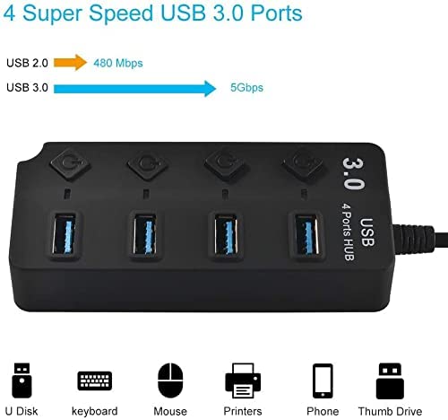 ADZOY Powered USB Hub 3.0, 4-Port USB Data Hub Splitter with One Smart Charging Port and Individual On/Off Switches and 5V/1A Power Adapter USB Extensionfor Laptop, PC, Computer, Mobile HDD