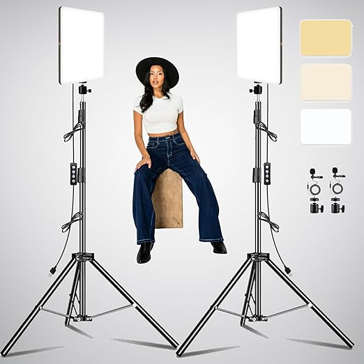 ADZOY 2-Pack Professional Combo of 10 Inch USB Powered LED Panel Light with 7 Feet Adjustable Metal Tripod, Super Clamp and Collar Lapel Microphone