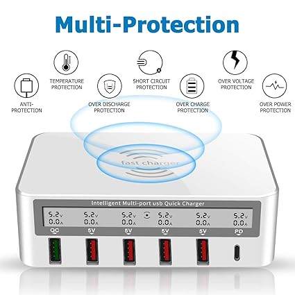 ADZOY Charging Station, 100W 6-Port USB Fast Charger with QC 3.0 & PD, Compatible with Apple & Other Brand Cell Phones