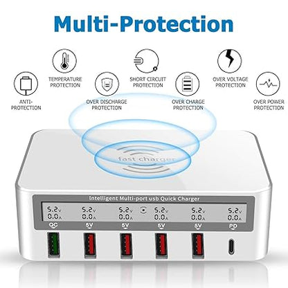 ADZOY Charging Station, 100W 6-Port USB Fast Charger with QC 3.0 & PD, Compatible with Apple & Other Brand Cell Phones