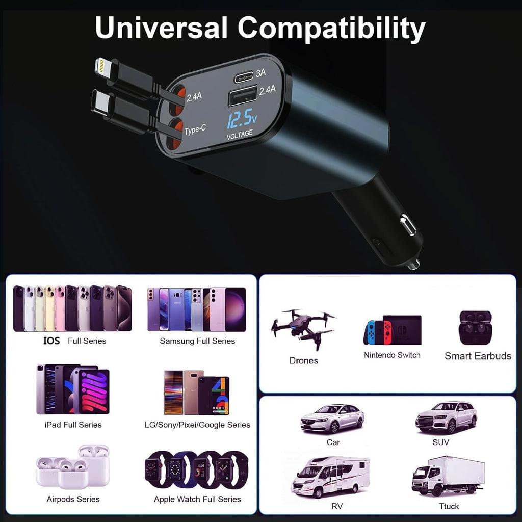 ADZOY Pack 2 Megnet 360° Rotation Car Phone Holder Mount Aluminum Alloy with 1PC 120W Retractable Car Charger - 4 in 1 Fast Car Phone Charger