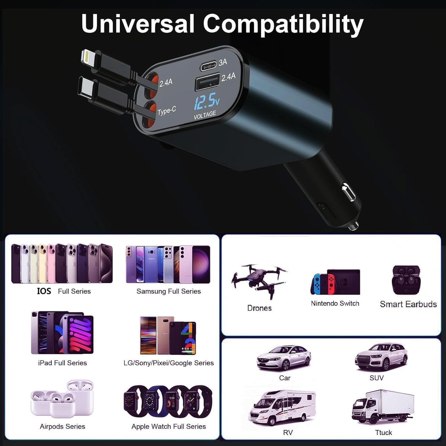 ADZOY Pack 2 Megnet 360° Rotation Car Phone Holder Mount Aluminum Alloy with 1PC 120W Retractable Car Charger - 4 in 1 Fast Car Phone Charger